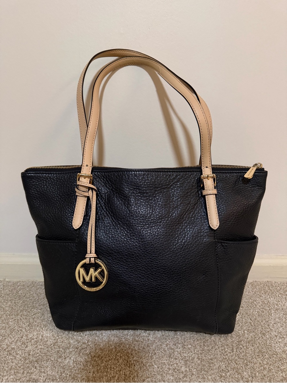 Michael Kors Black Pebbled Leather Tote with Beige Straps and Gold Accent